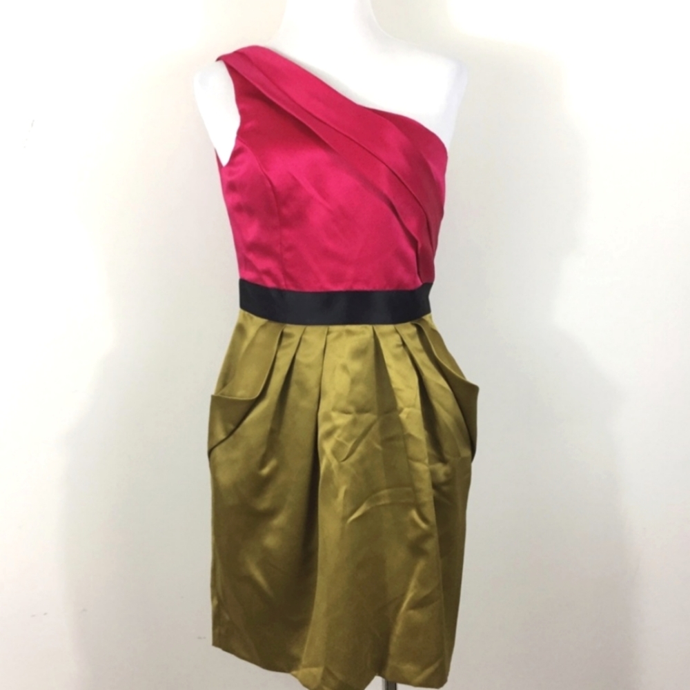 Max & Cleo Hot Pink + Chartreuse Colorblock Satin Cocktail Dress XS